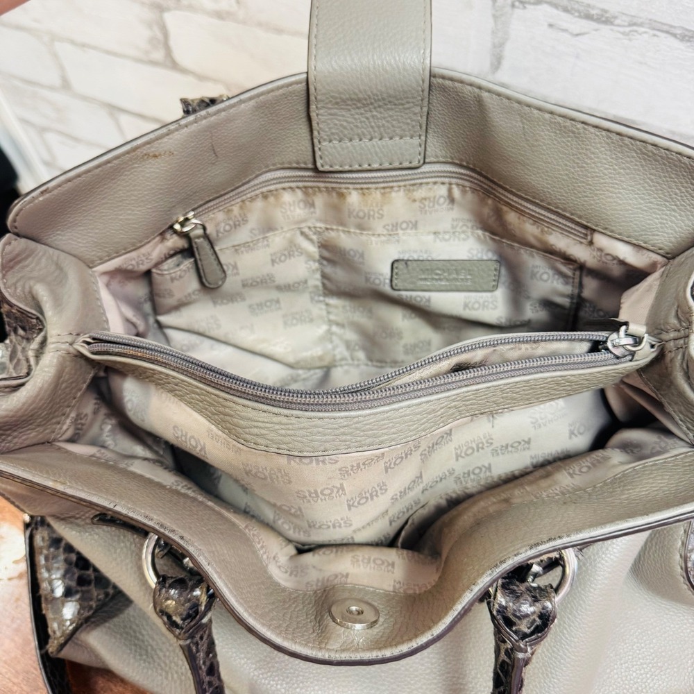 Michael Kors Grey Pebbled Leather & Snakeskin Embossed Satchel Crossbody Bag - Picture 10 of 14